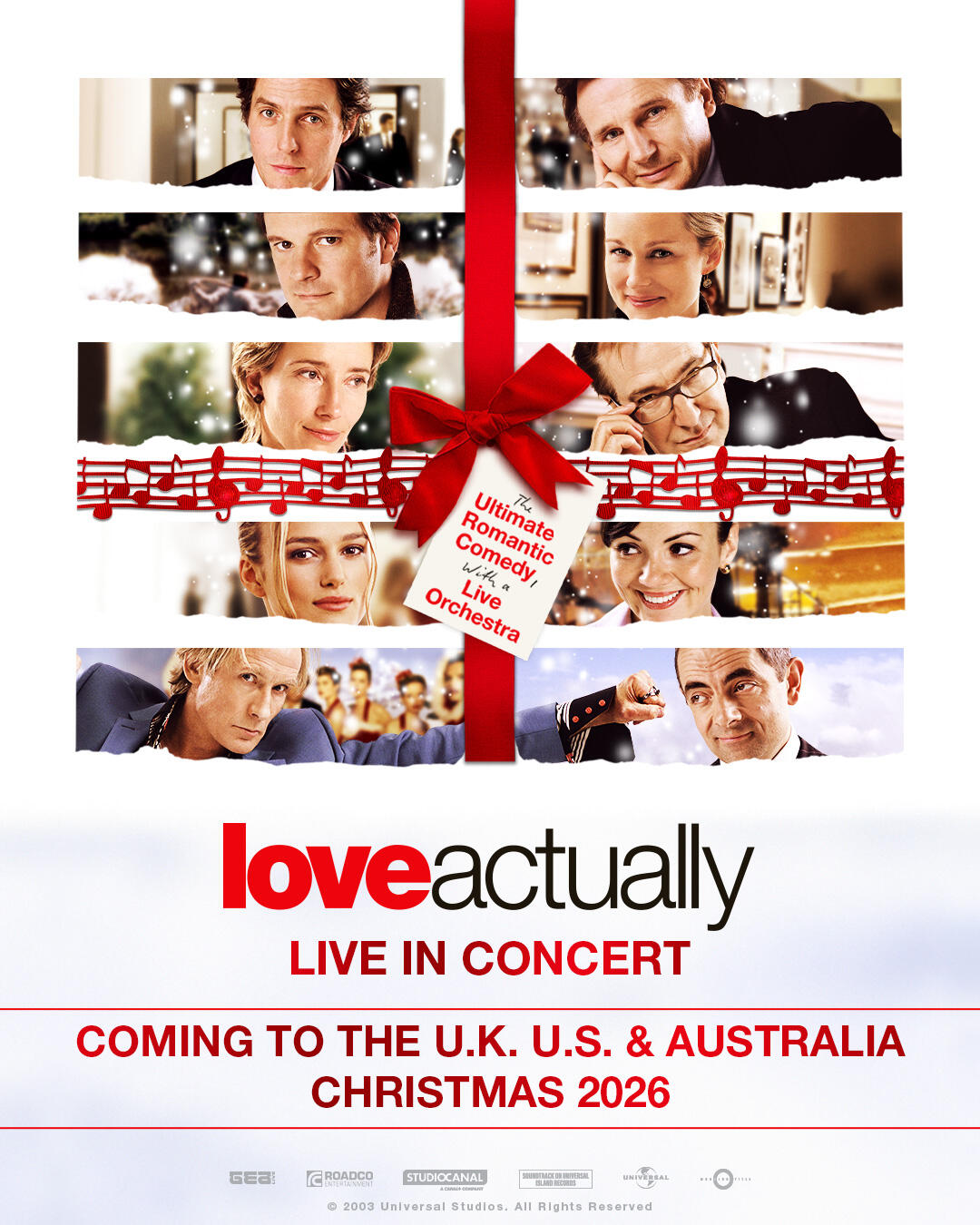 Love Actually Live in Concert key artwork — the cast wrapped as a Christmas gift with a red ribbon